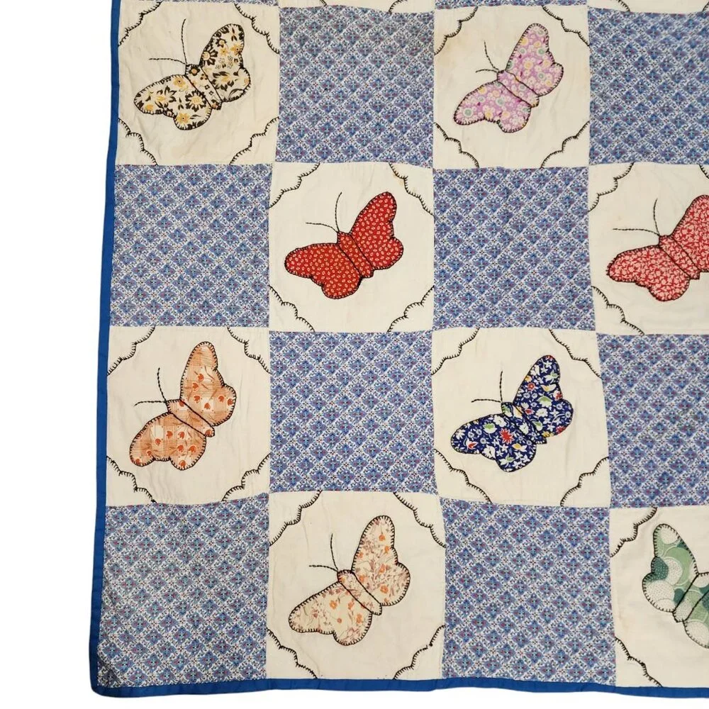 Vintage Handmade Yo Yo Embroidered Butterflies Quilt Blue 41